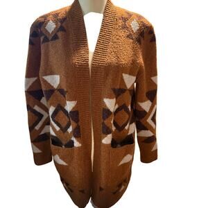 Pink Republic Southwestern Aztec Geo Knit Open Front Cardigan, Women's Large